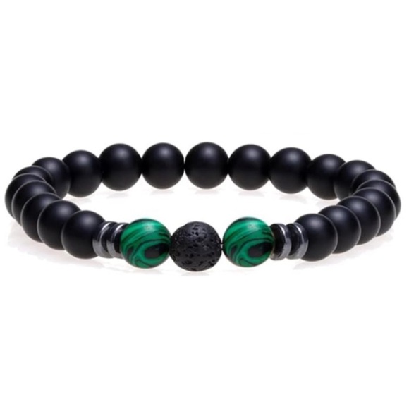Matte Black Lava Rock & Green Malachite Bead Bracelet – Stretch Elastic Design - Picture 3 of 3